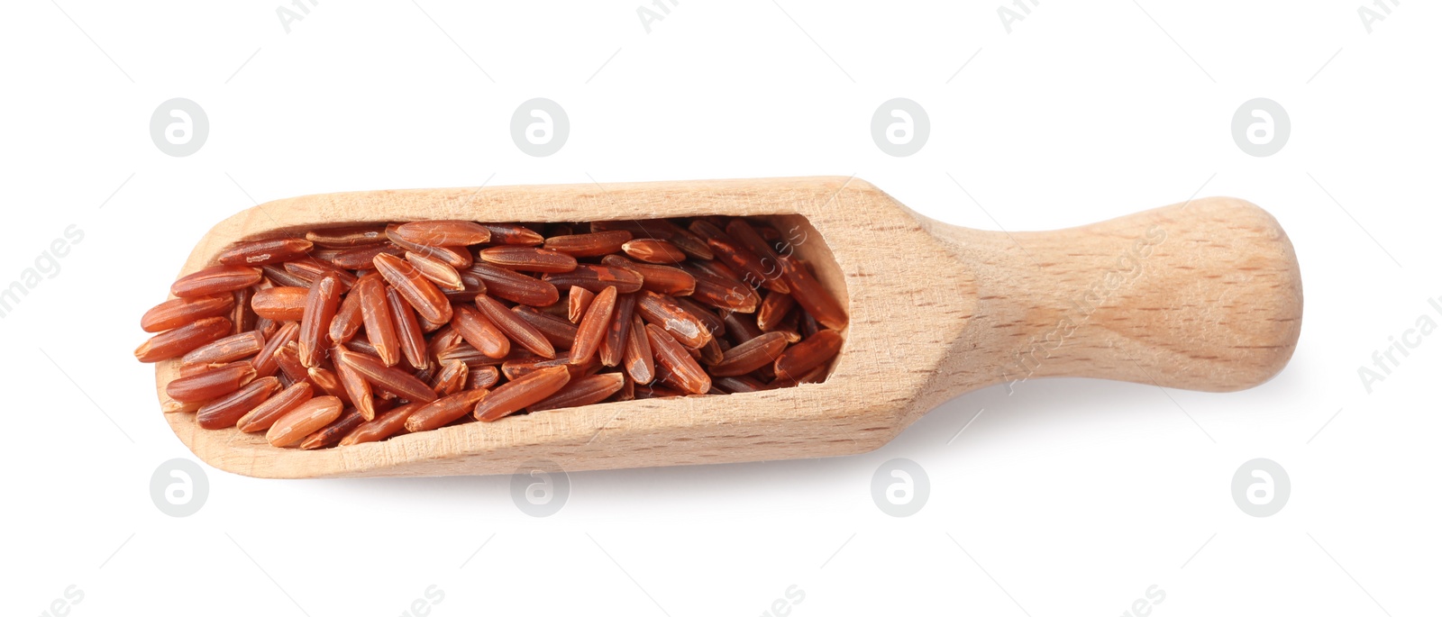 Photo of Scoop with uncooked brown rice on white background