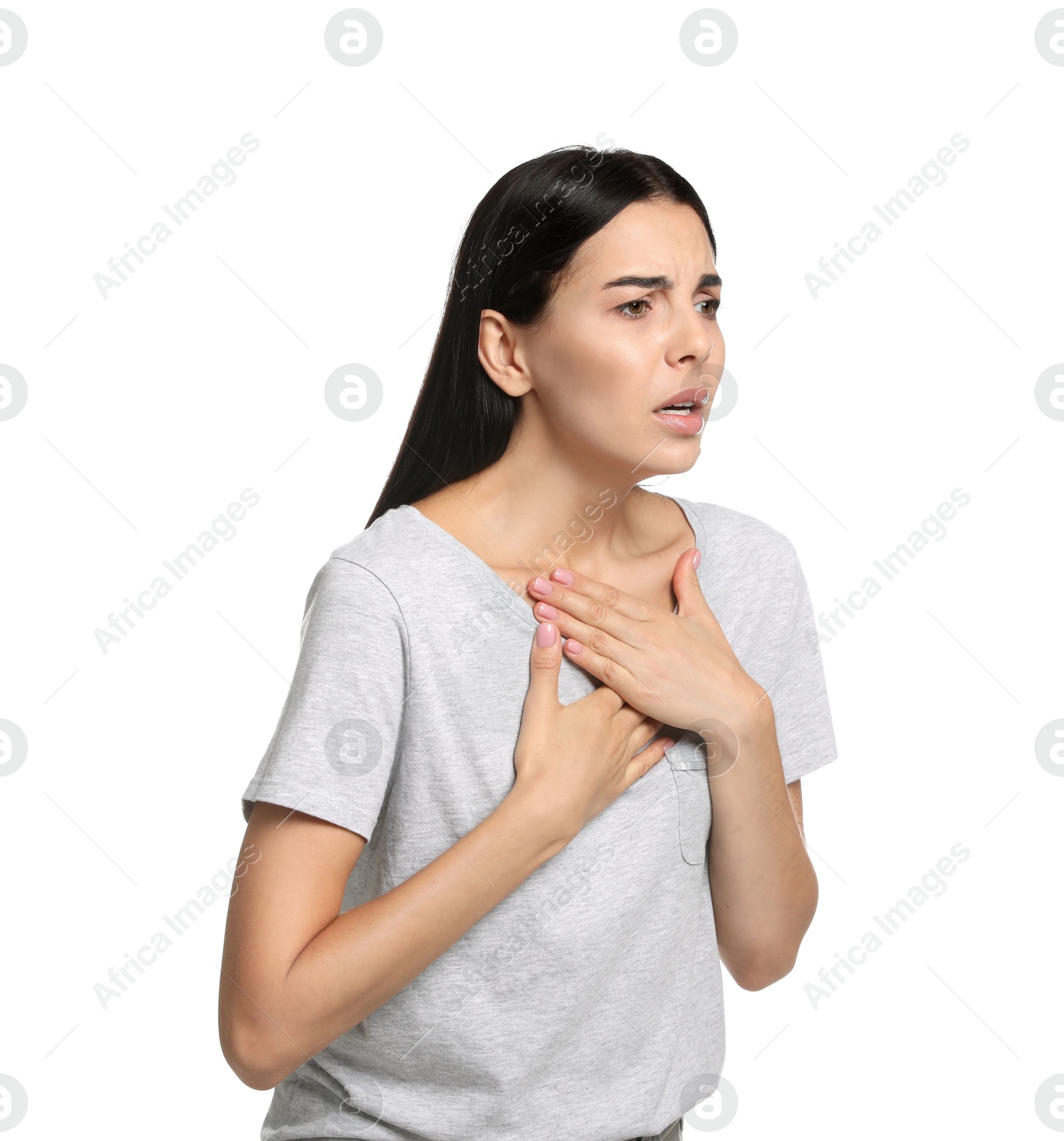 Photo of Young woman suffering from breathing problem on white background