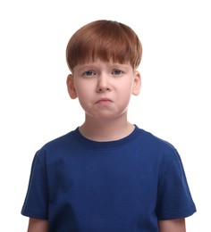 Photo of Portrait of sad little boy on white background