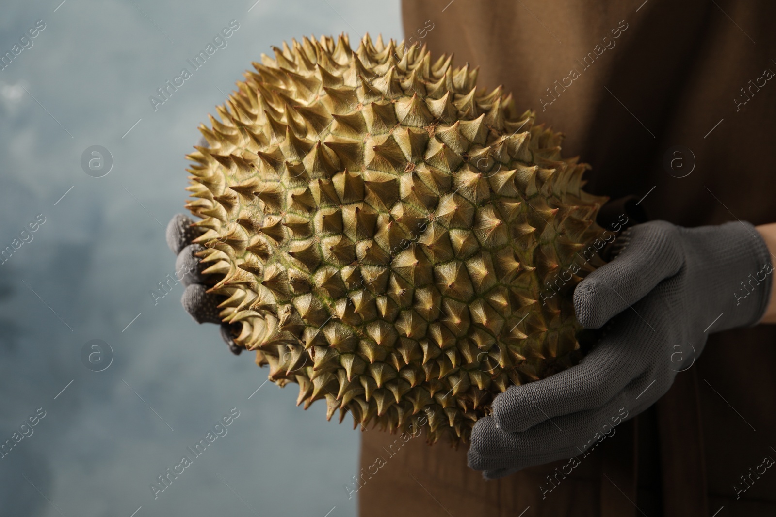 Photo of Woman with fresh ripe durian against blue background, closeup