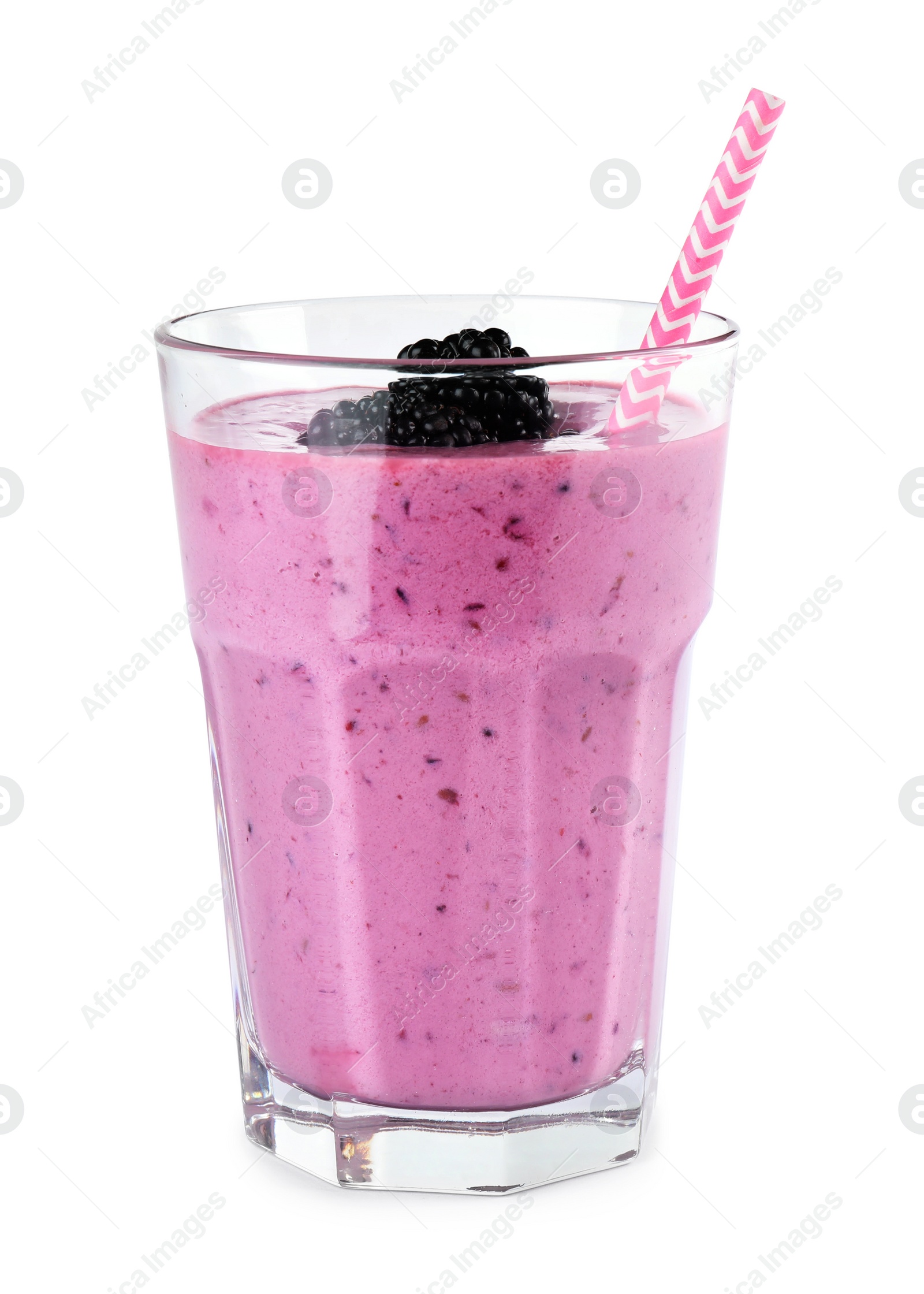 Photo of Delicious blackberry smoothie in glass on white background