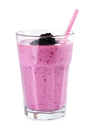 Photo of Delicious blackberry smoothie in glass on white background