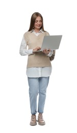 Photo of Teenage student with backpack using laptop on white background