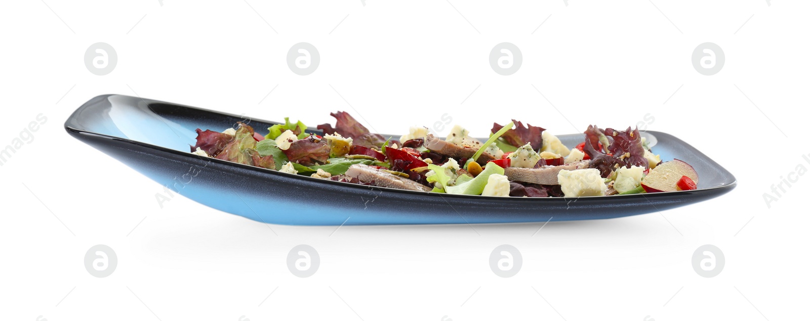 Photo of Delicious salad with beef tongue and cheese isolated on white