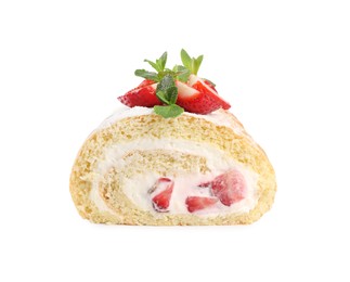 Photo of Delicious cake roll with strawberries and cream isolated on white