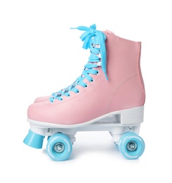 Pair of stylish quad roller skates on white background