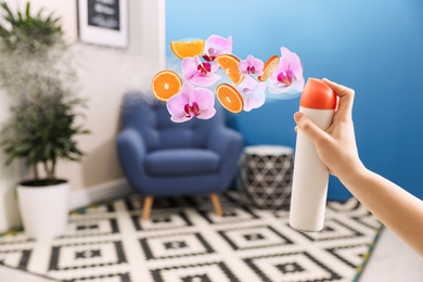 Image of Woman spraying air freshener at home, closeup. Flowered and citrusy aroma