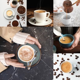 Beautiful collage with different photos of aromatic coffee