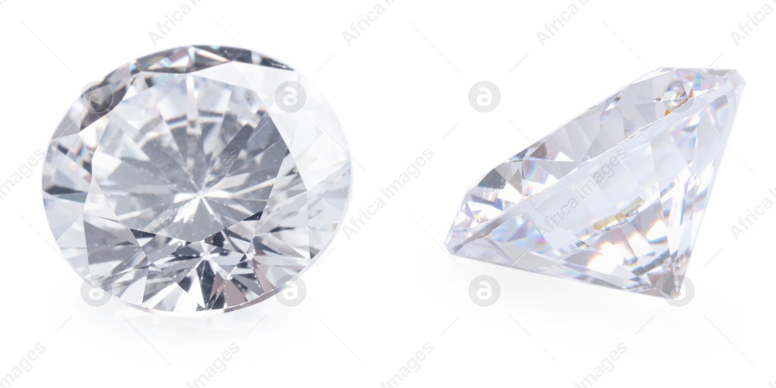 Image of Beautiful dazzling diamonds on white background, collage