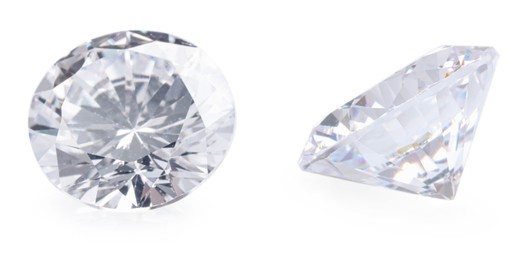 Image of Beautiful dazzling diamonds on white background, collage