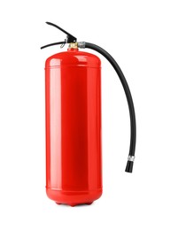 Photo of One red fire extinguisher on white background