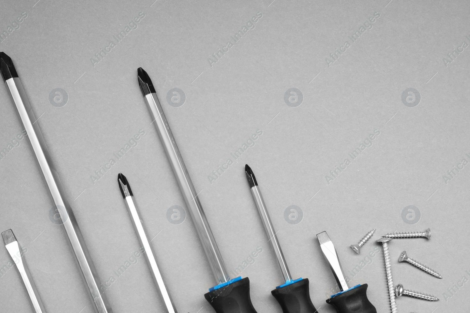 Photo of Set of screwdrivers and screws on grey background, flat lay. Space for text