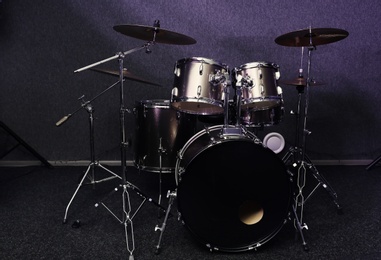 Modern drum set in recording studio. Music equipment