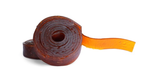 Photo of Delicious fruit leather rolls on white background