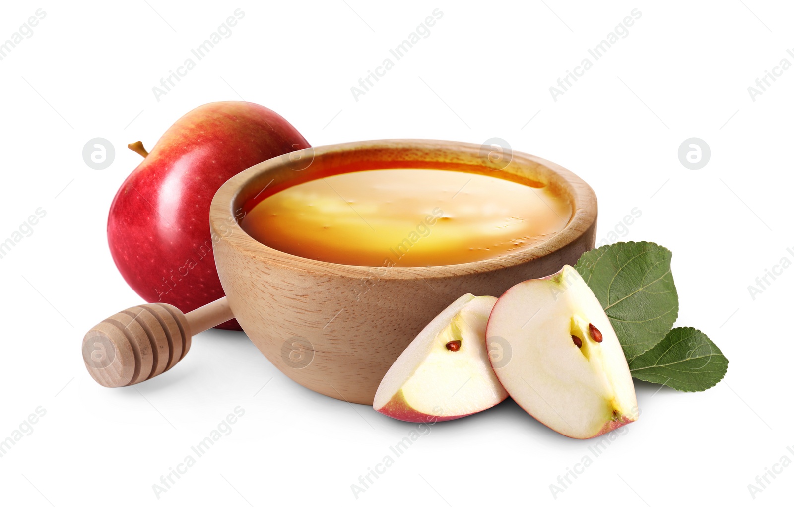 Image of Honey in bowl and apples isolated on white