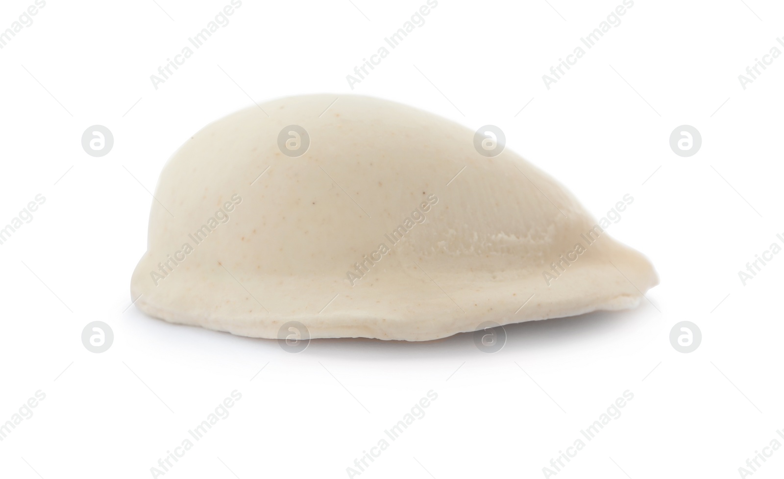 Photo of Raw dumpling with tasty filling on white background