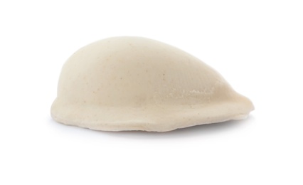 Photo of Raw dumpling with tasty filling on white background