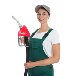 Photo of Gas station worker with fuel nozzle on white background