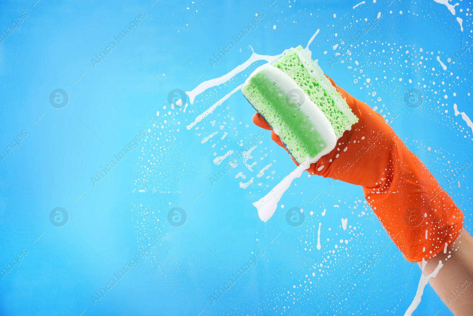 Photo of Woman cleaning glass with sponge against color background