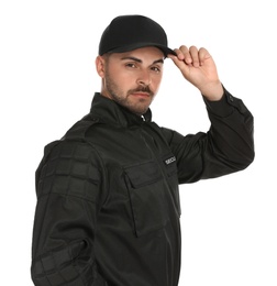 Male security guard in uniform on white background