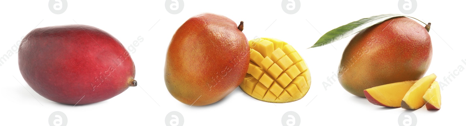 Image of Set of delicious mangoes on white background. Banner design