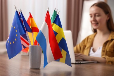 Woman working with laptop at table indoors, focus on different flags