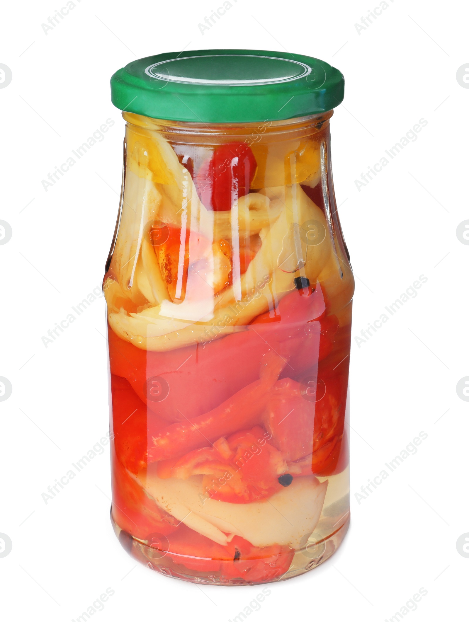 Photo of Glass jar with pickled bell peppers isolated on white