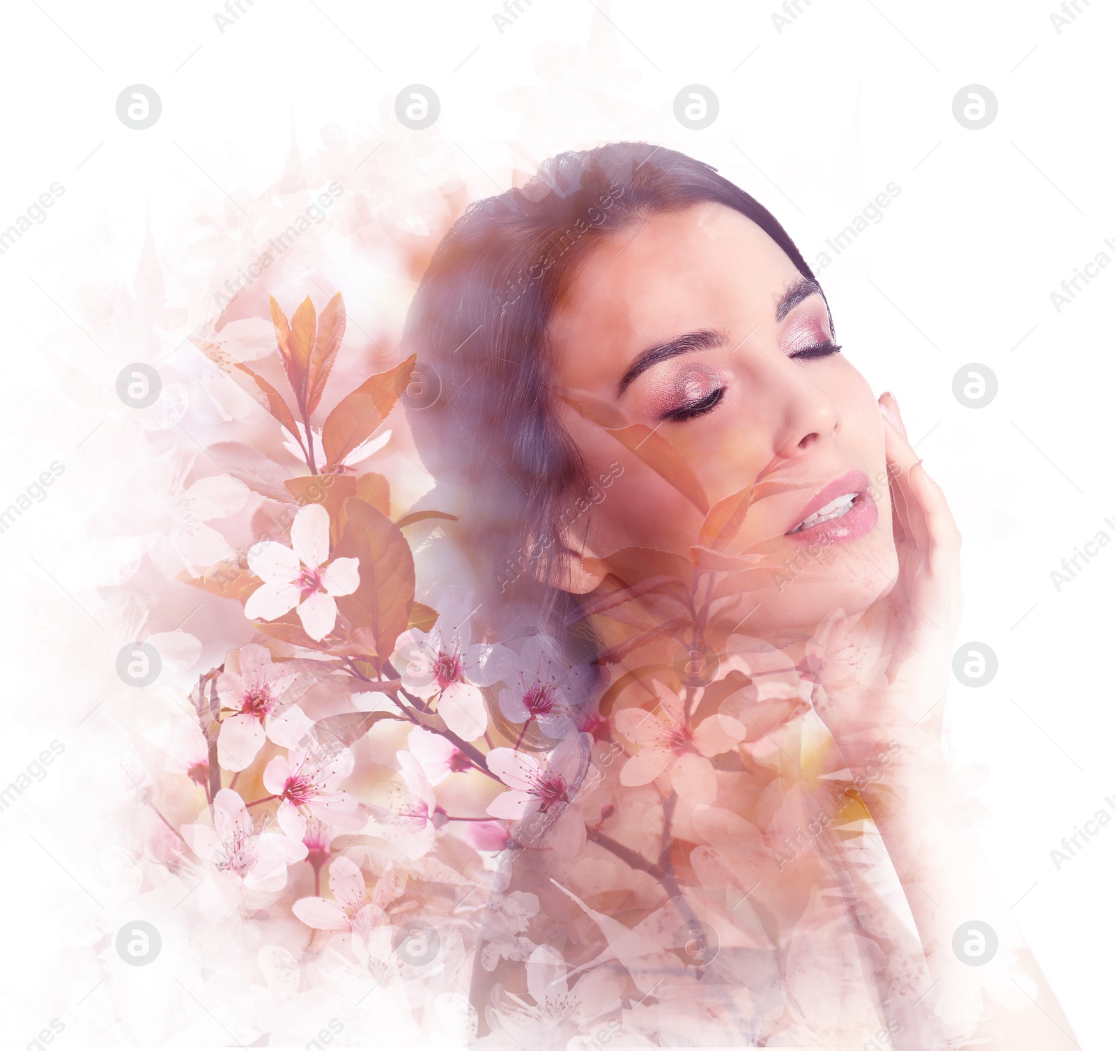 Image of Double exposure of beautiful woman and blooming flowers