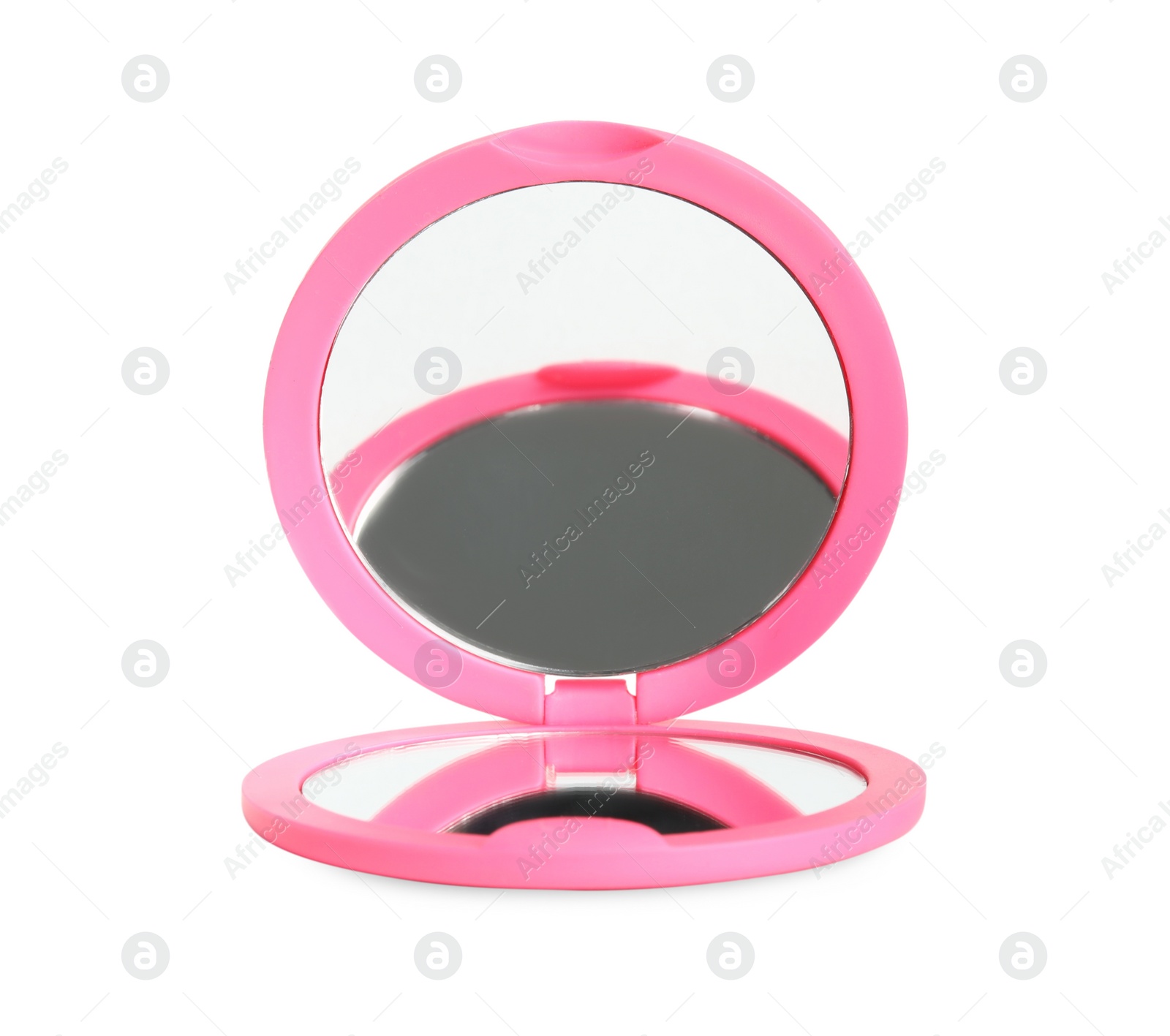 Photo of Pink cosmetic pocket mirror isolated on white