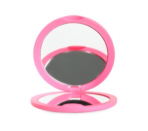 Pink cosmetic pocket mirror isolated on white