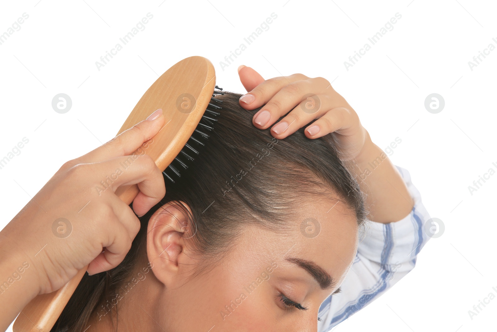 Photo of Woman with hair loss problem on white background, closeup. Trichology treatment