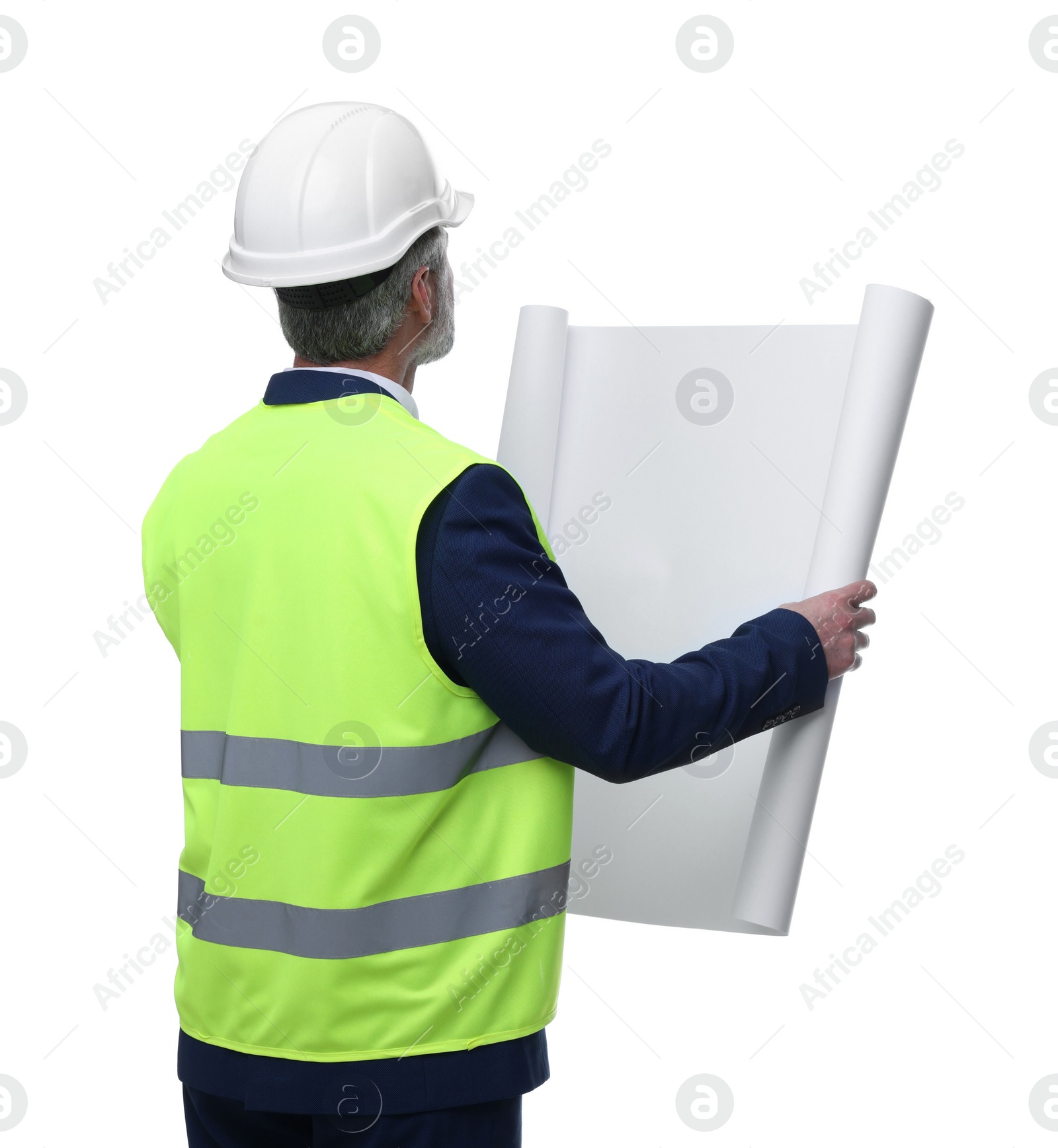 Photo of Architect in hard hat holding draft on white background, back view