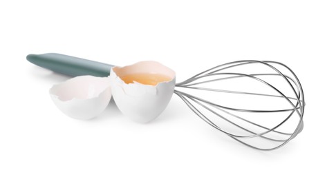 Photo of Whisk and broken egg isolated on white