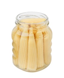 Jar of pickled baby corn isolated on white