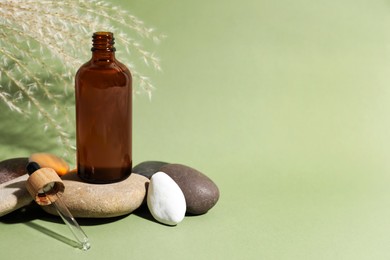 Photo of Composition with bottle of face serum, spa stones and beautiful dried flowers on light green background. Space for text