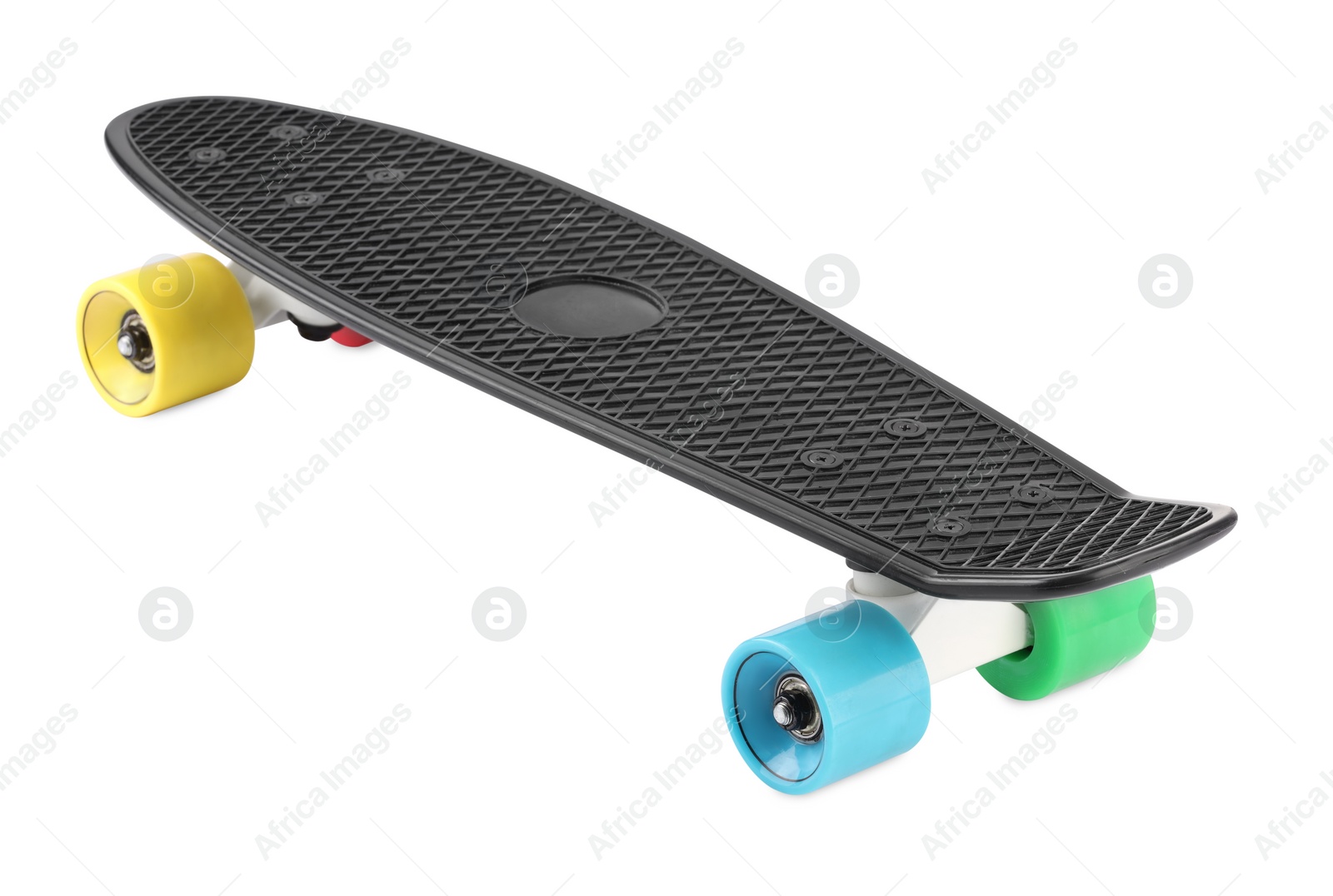 Photo of Black skateboard with colorful wheels isolated on white. Sports equipment