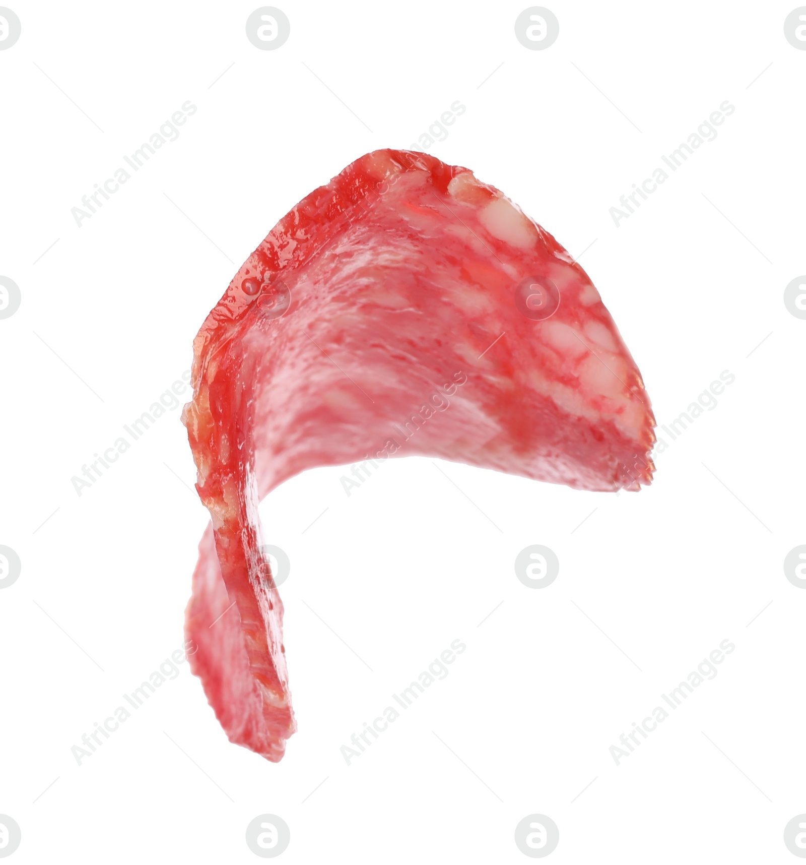 Photo of Cut fresh tasty sausage on white background