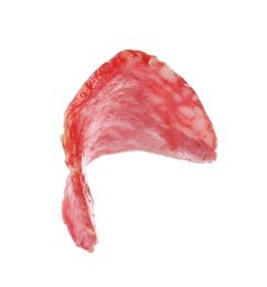 Photo of Cut fresh tasty sausage on white background