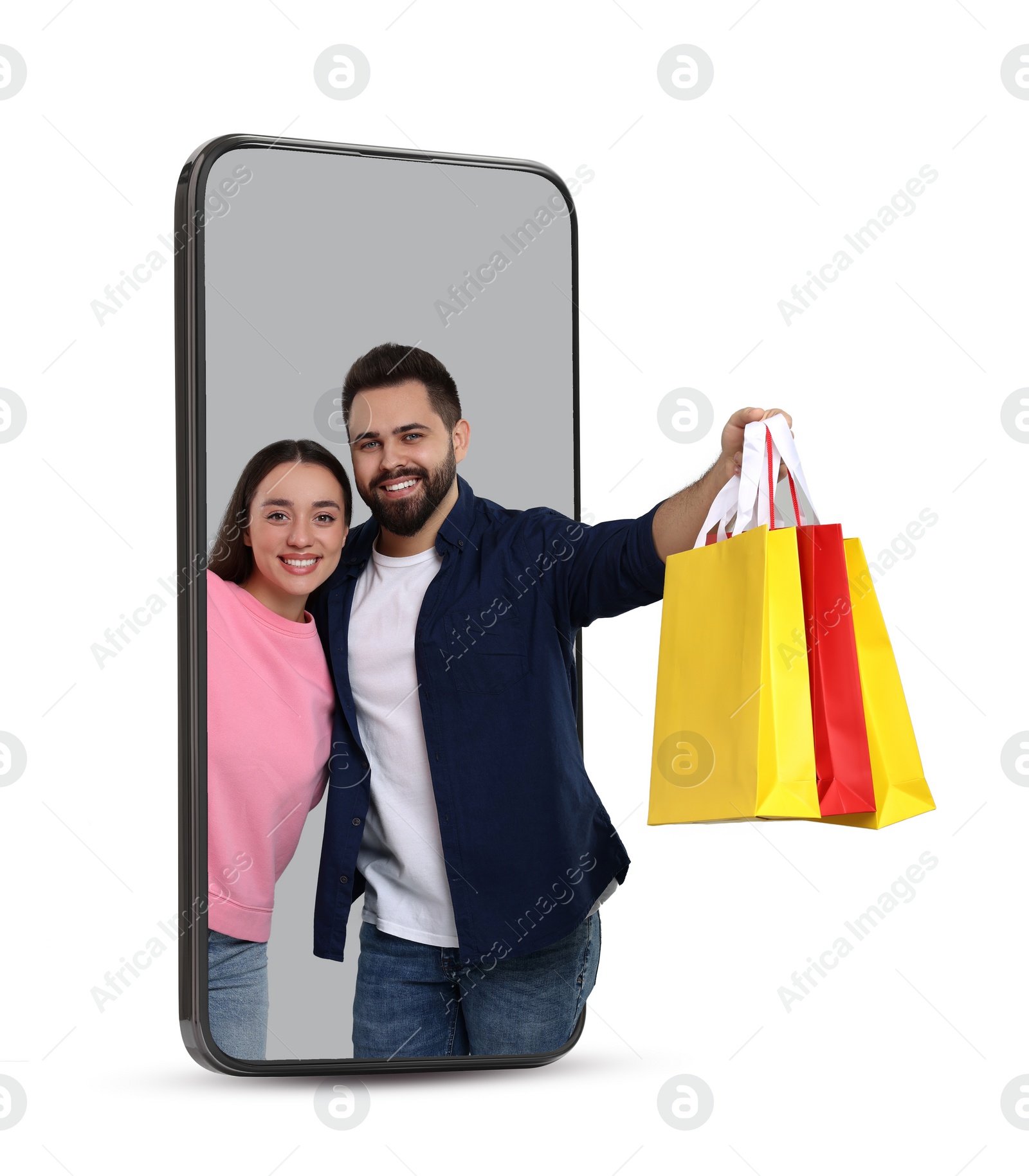 Image of Online shopping. Happy couple with paper bags looking out from smartphone on white background