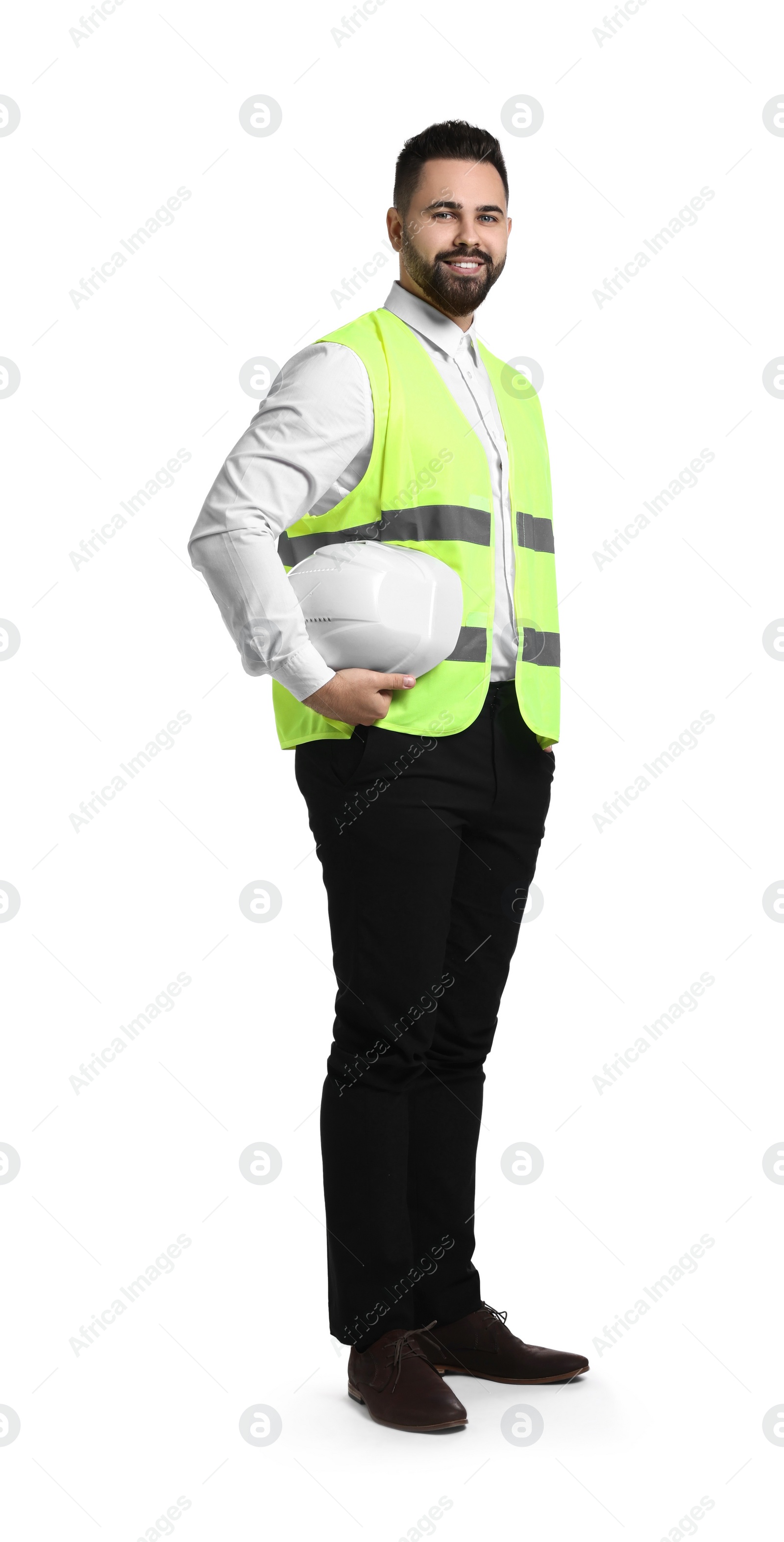 Photo of Engineer with hard hat on white background