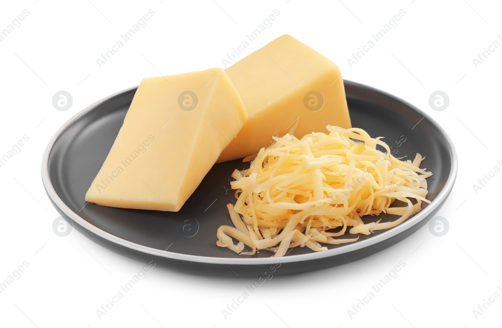 Photo of Grated cheese and pieces of one isolated on white