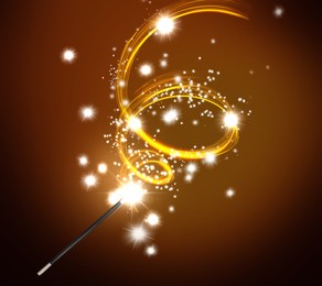 Image of Conjuring spell with magic wand on orange gradient background