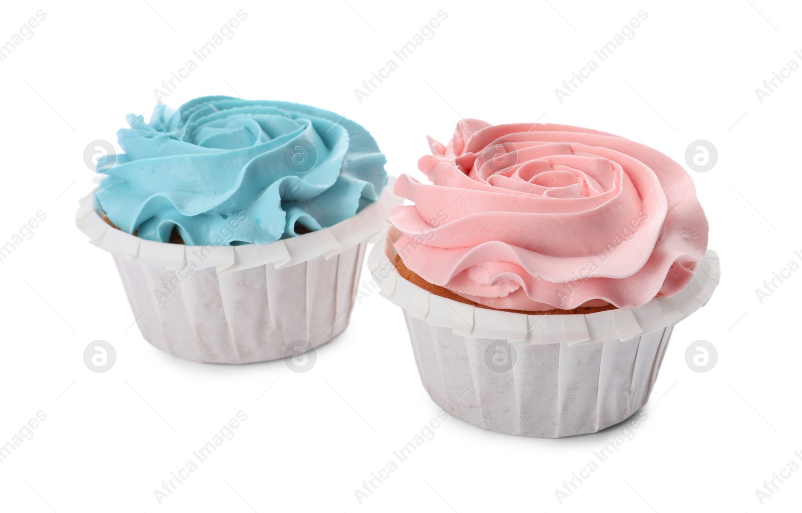 Photo of Baby shower cupcakes with light blue and pink cream on white background