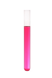 Photo of Test tube with color liquid on white background. Solution chemistry