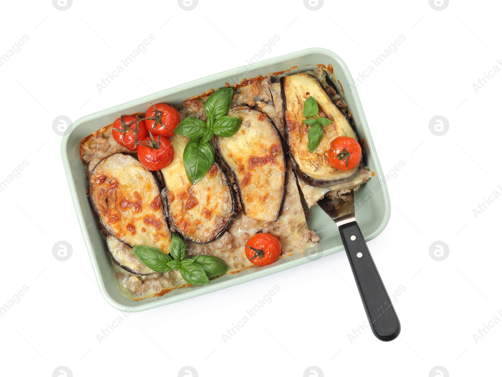 Photo of Delicious eggplant lasagna and spatula in baking dish isolated on white, top view