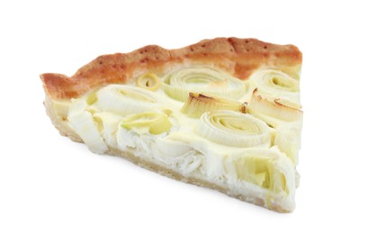 Piece of tasty leek pie isolated on white