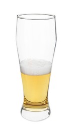 Half full glass of beer isolated on white