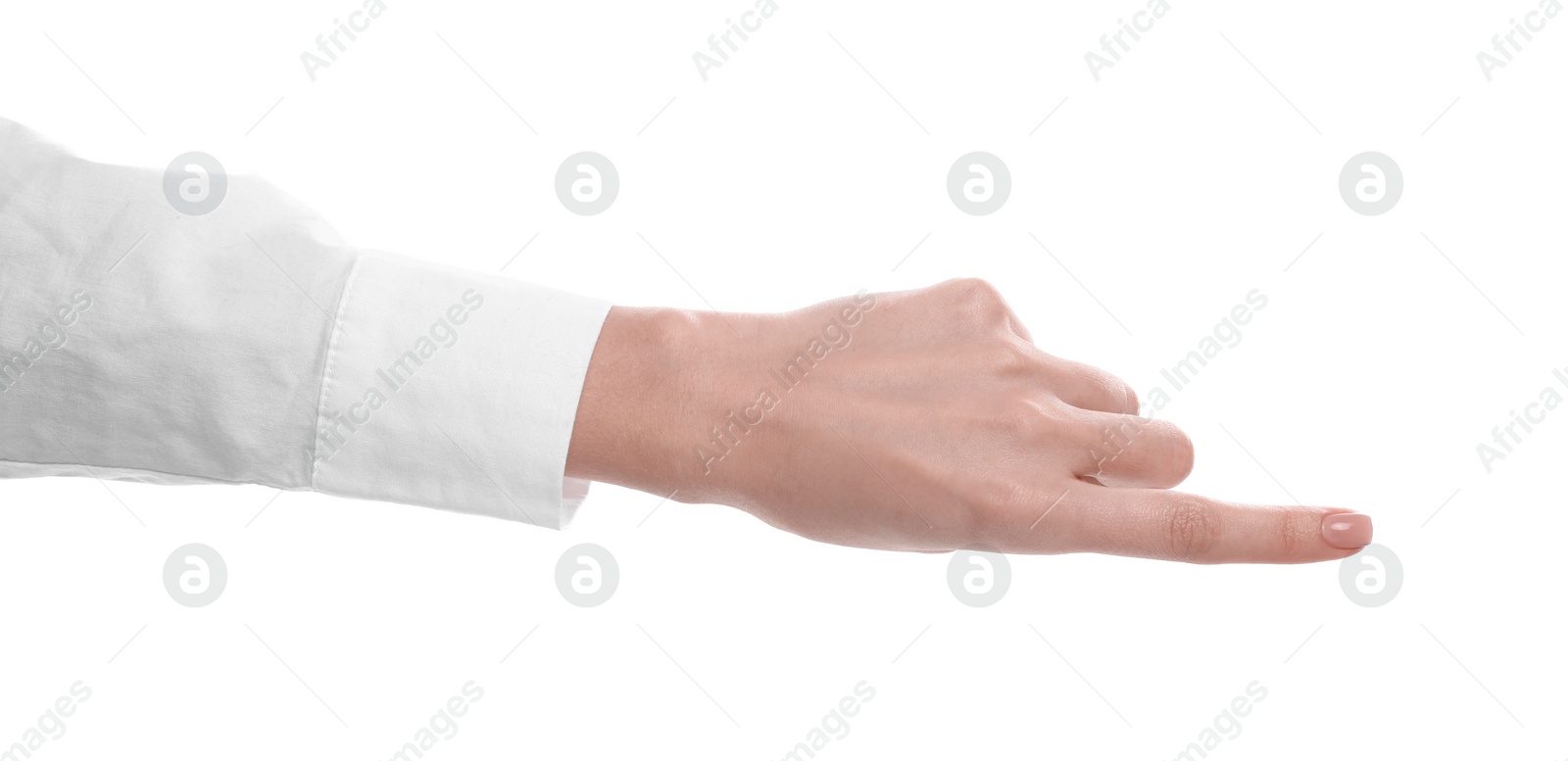 Photo of Woman pointing with index finger on white background, closeup