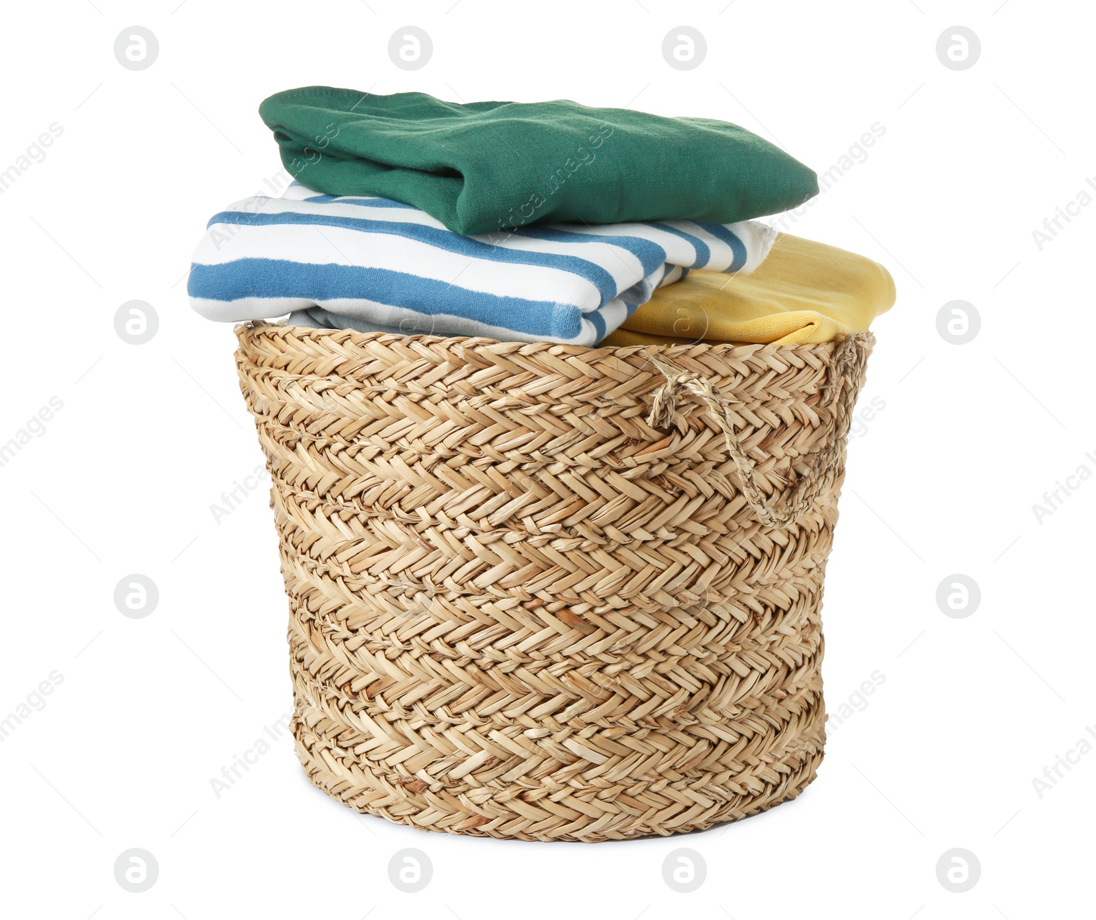 Photo of Wicker laundry basket with clean clothes isolated on white