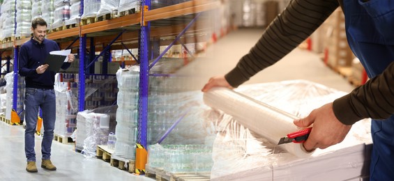 Distribution. Happy manager and worker in warehouse, double exposure. Banner design